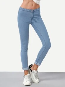 SHEIN 水洗捲邊緊身牛仔長褲 - 淺色水洗藍 - 查看 2