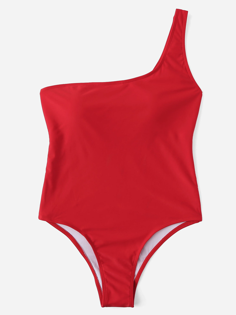 

One-Shoulder Plain Swimsuit, Red