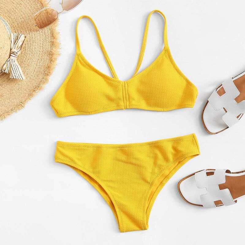 

Strappy Top With Low Rise Bikini Set, Yellow