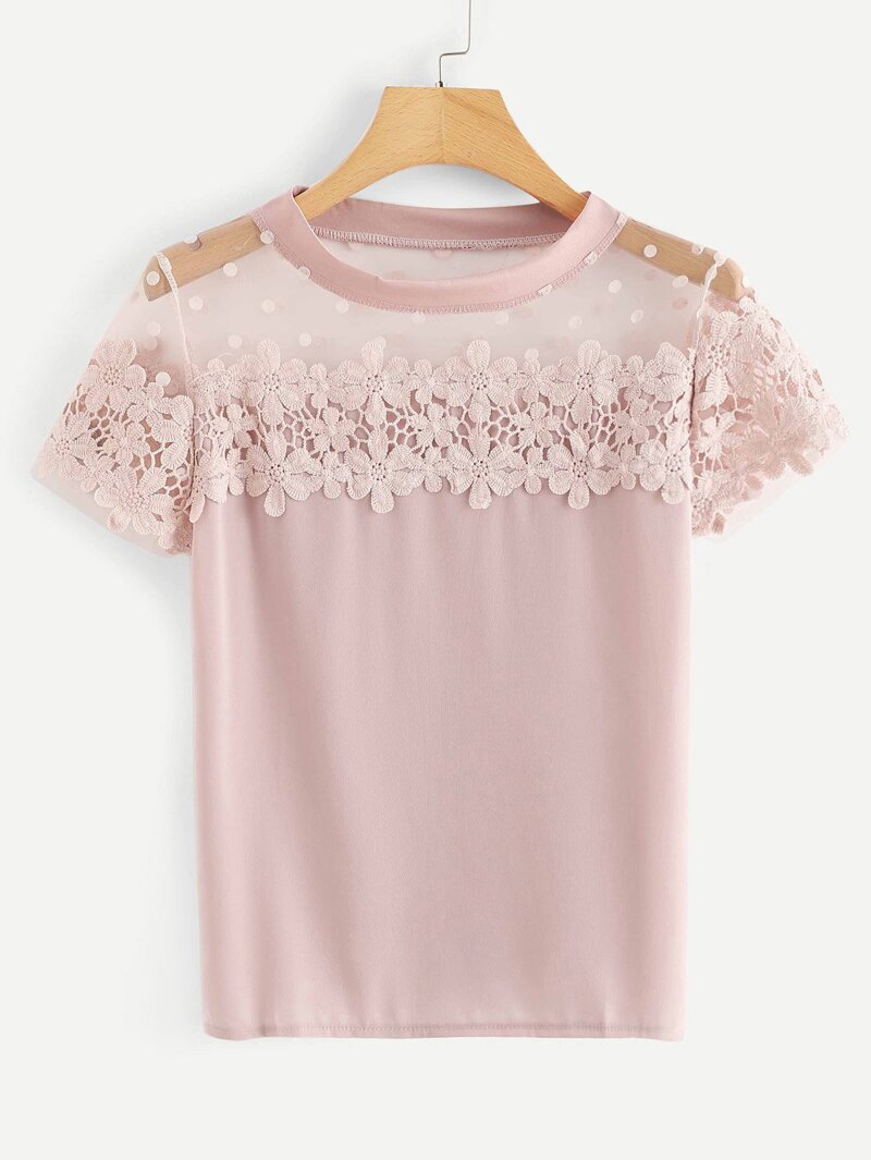 

Lace Panel Sheer Top, Pink