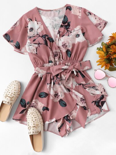 Floral Print Surplice Front Belted Romper