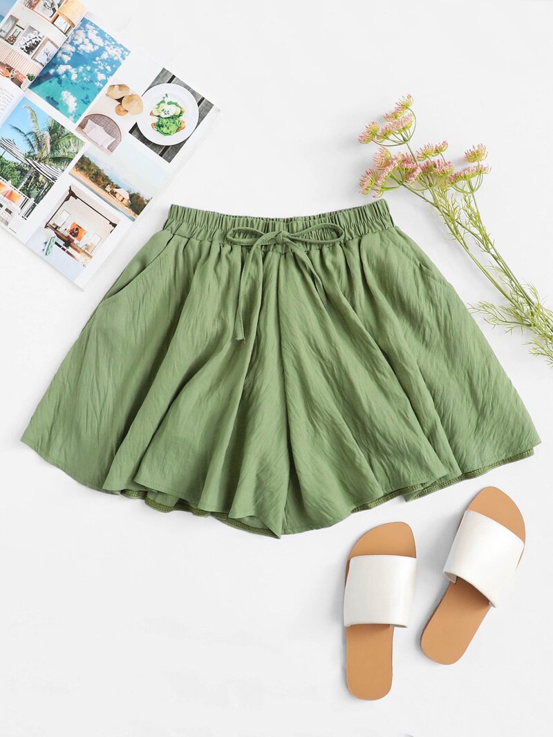 

Solid Drawstring Waist Shorts, Army green