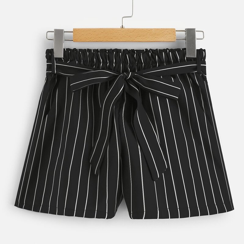

Self Tie Waist Striped Shorts, Black