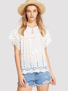 Laser Cut Tie Neck Blouse