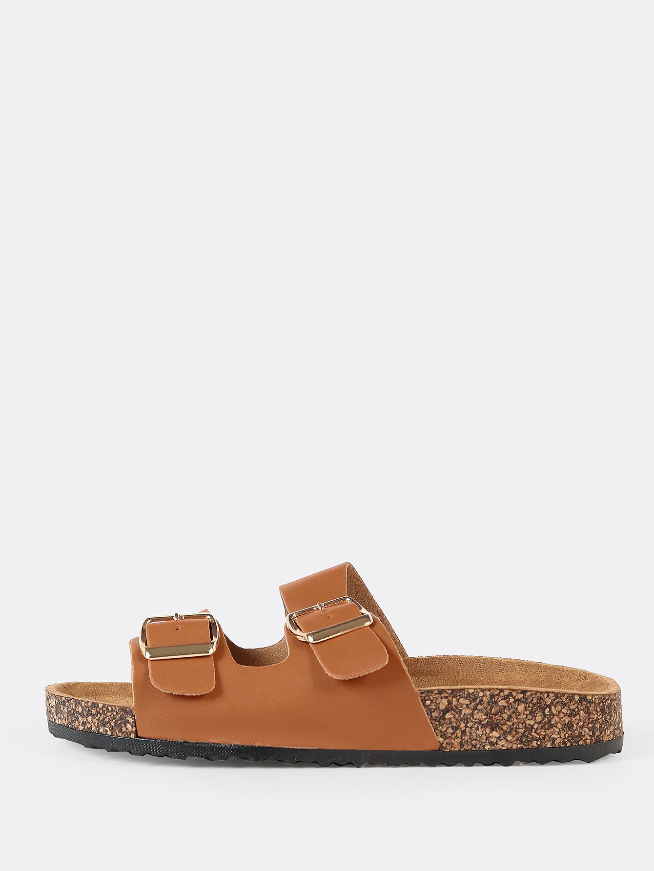 double buckle cork footbed slide sandal tan