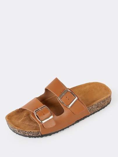 double buckle cork footbed slide sandal tan