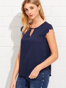 SHEIN 前V領貝殼邊袖口上衣 - 藏蓝色 - 查看 4