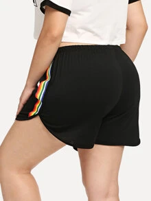 SHEIN EZwear Plus Rainbow Striped Tape Side Dolphin Shorts - Black - View 2