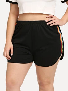 SHEIN EZwear Plus Rainbow Striped Tape Side Dolphin Shorts - Black - View 3