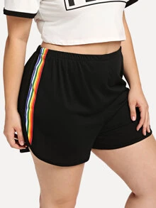 SHEIN EZwear Plus Rainbow Striped Tape Side Dolphin Shorts - Black - View 1