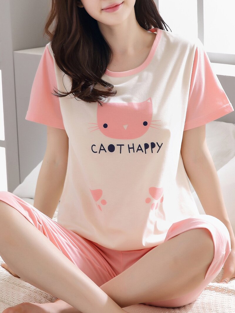 

Cat & Letter Print Pajama Set, Multicolor