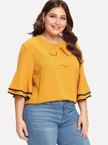 Plus Tie Neck Bell Sleeve Tunic Top