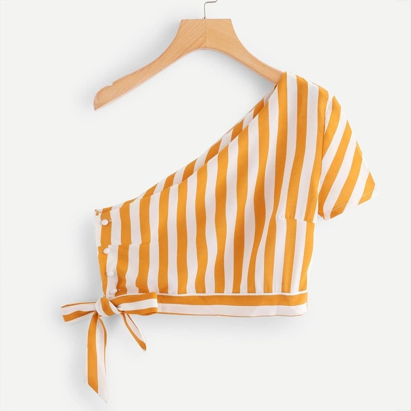 

One Shoulder Knot Side Striped Top, Yellow