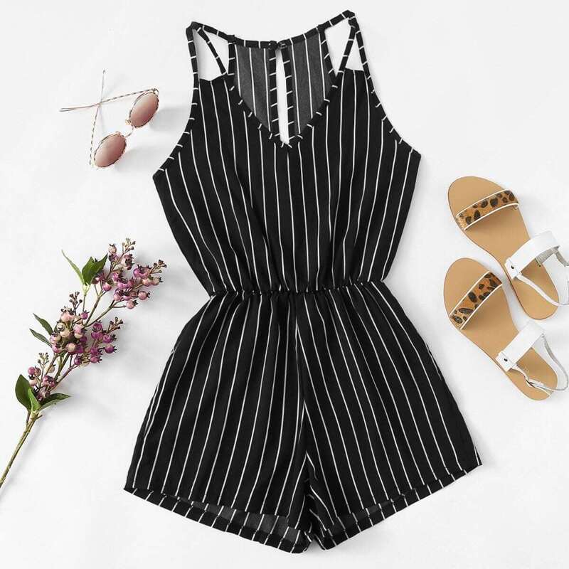 

V Neckline Striped Romper, Black
