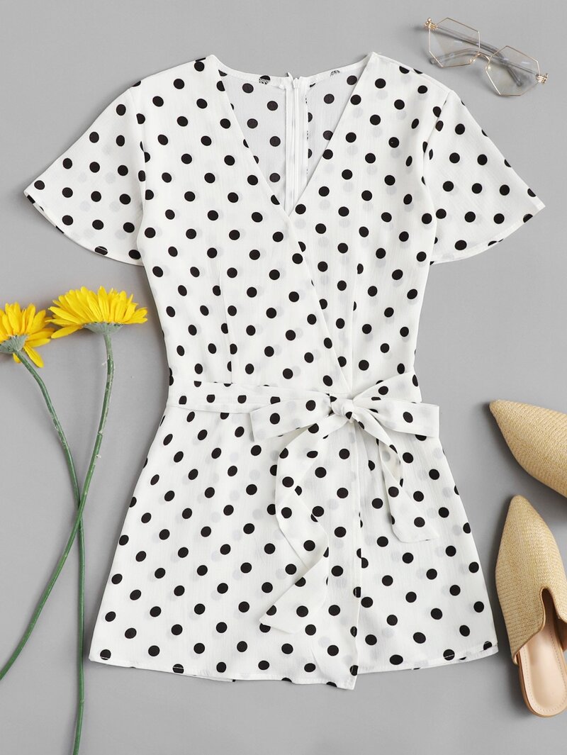 

Self Tie Waist Polka Dot Romper, White