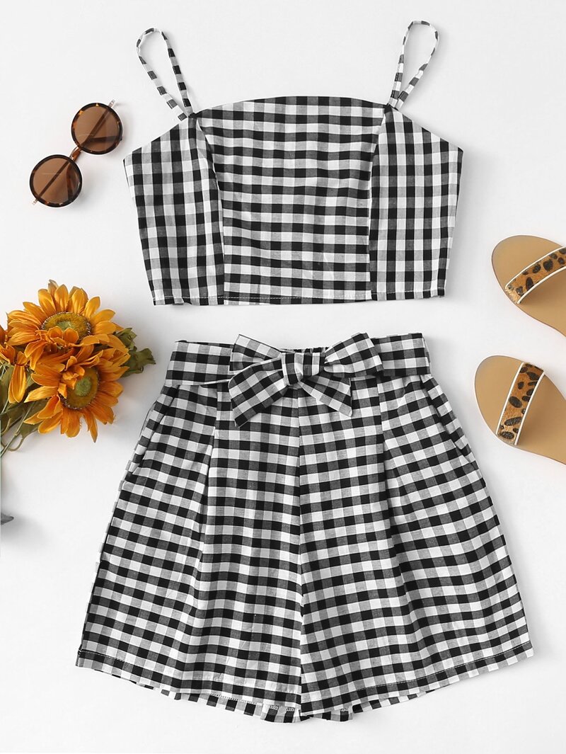 

Zip Up Back Plaid Cami With Shorts, Black and white