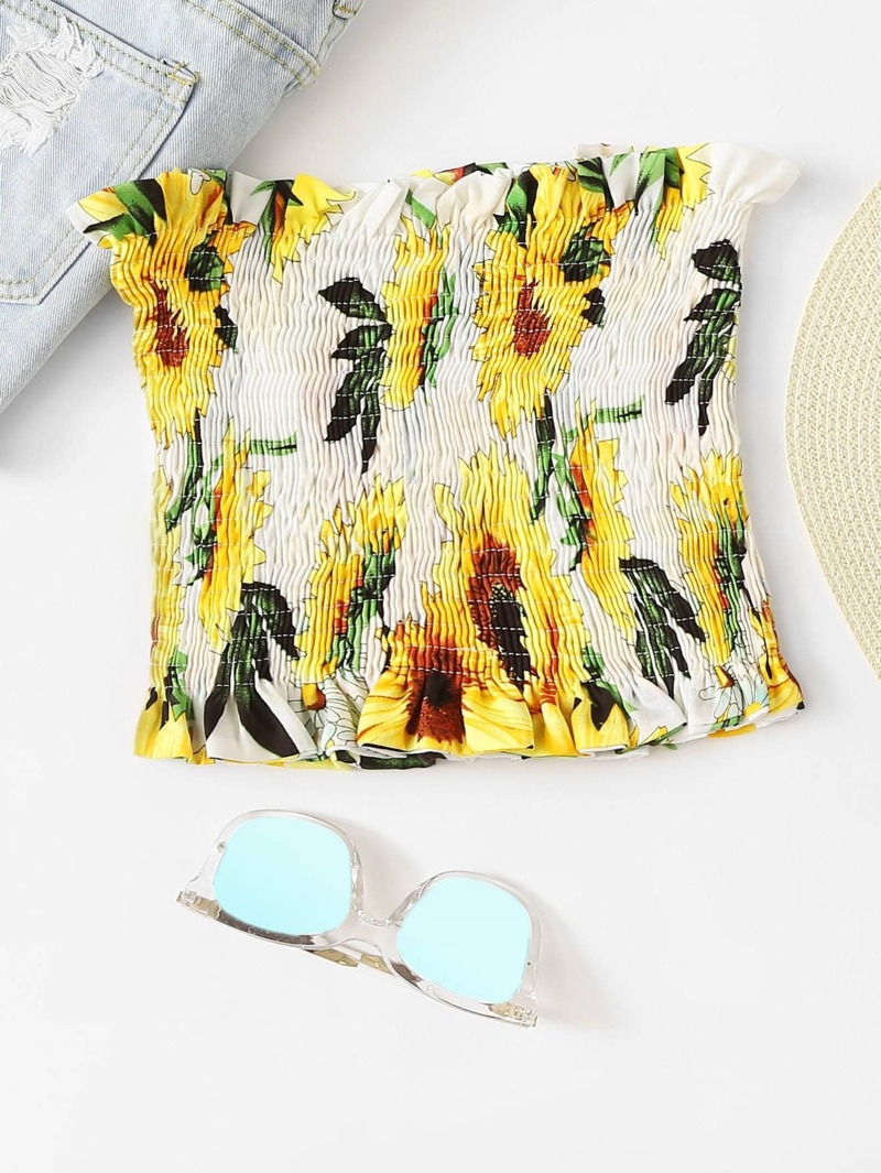 

Floral Print Pleated Tube Top, White