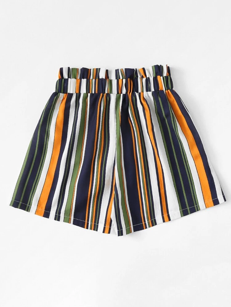 frill trim tie waist striped shorts