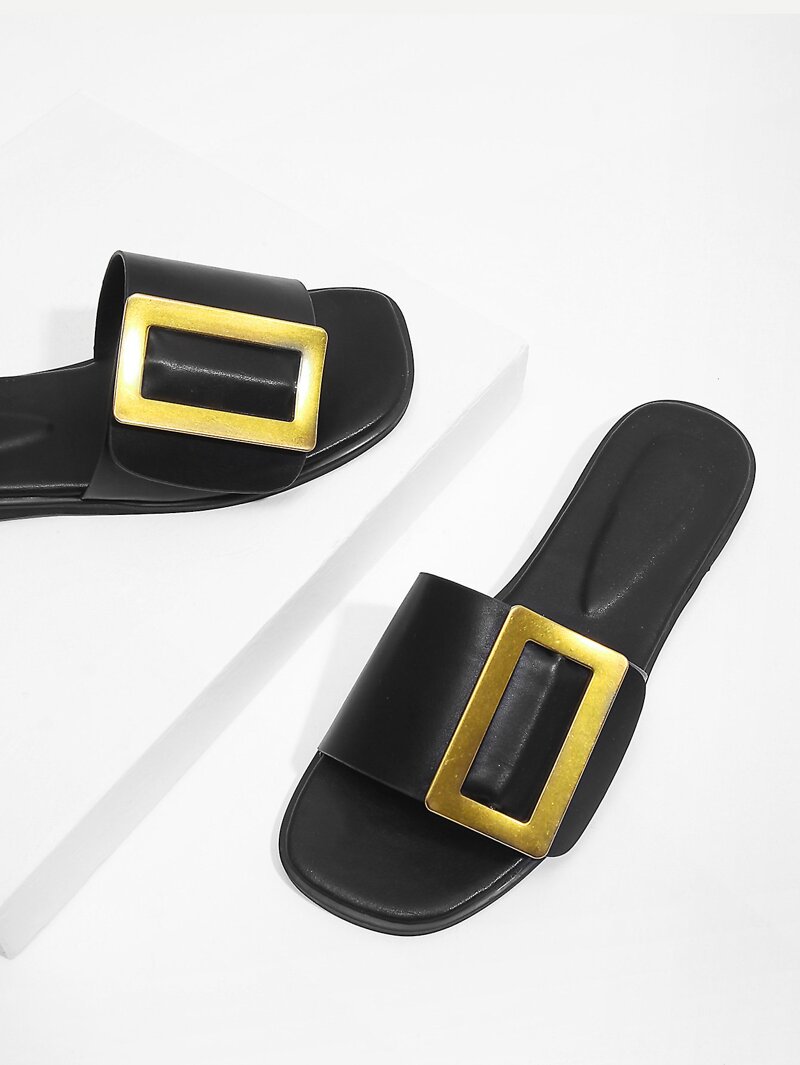 

Contrast Buckle PU Slippers, Black