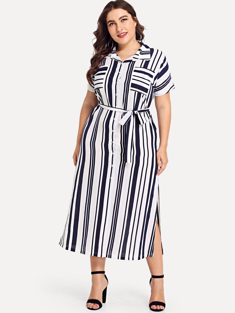 

Plus Self Tie Waist Striped Dress, Black and white, Franziska