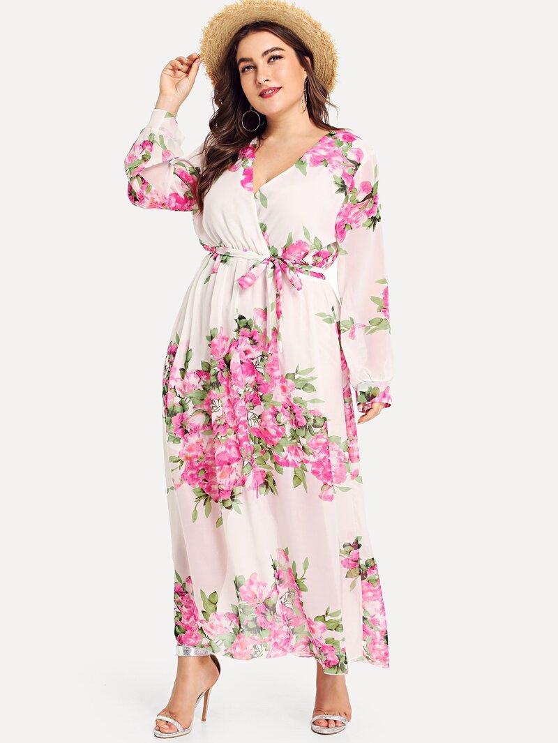 

Plus Self Tie Waist Floral Dress, Multicolor, Franziska