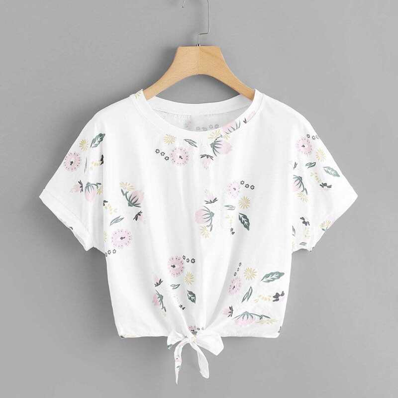 

Knot Hem Floral Crop Tee, Multicolor