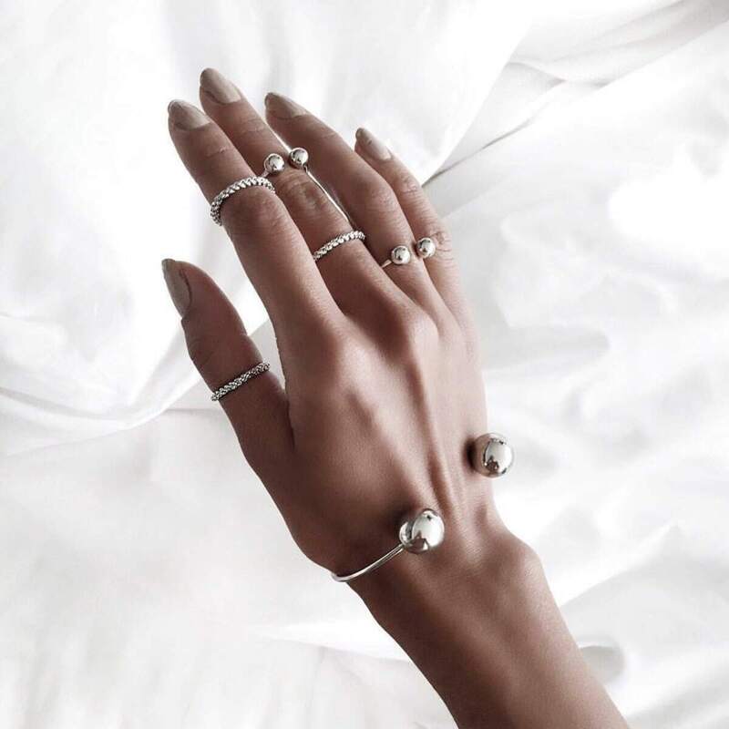 

Metal Ball Cuff Bracelet 1pc & Ring 4pcs, Silver