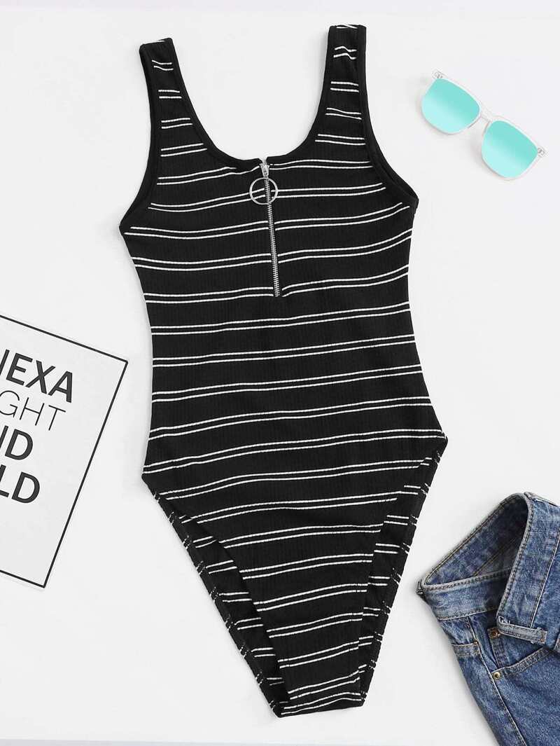 

Zip Up Front Striped Bodysuit, Black