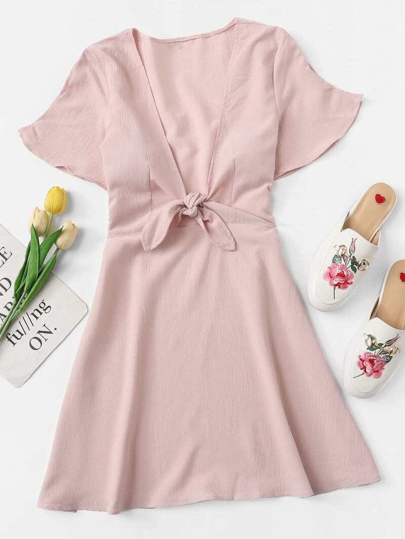 

Knot Front Solid Dress, Pink