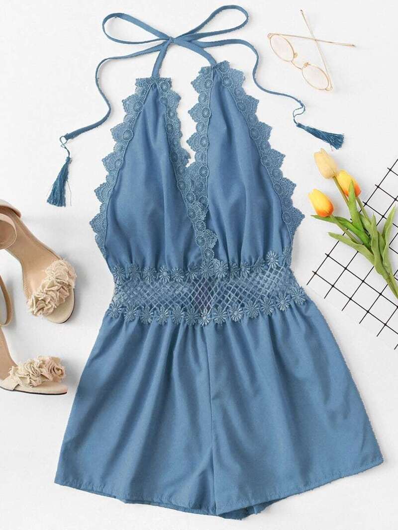 

Lace Trim Open Back Halter Romper, Blue