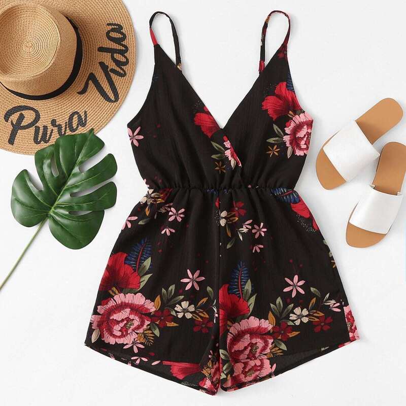 

V Neckline Floral Wrap Cami Romper, Multicolor