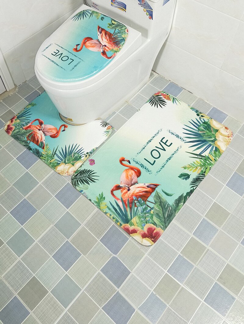 

3Pcs Flamingos Print Bathroom Rug Set, Multicolor