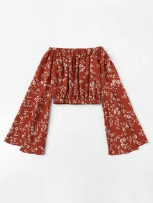 Floral Off-the-Shoulder Crop Top - Red - View 2