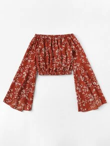 Floral Off-the-Shoulder Crop Top - Red - View 5