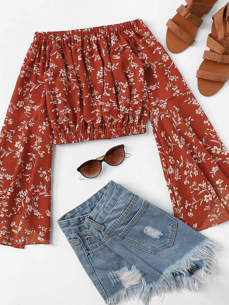 Floral Off-the-Shoulder Crop Top - Red - View 1