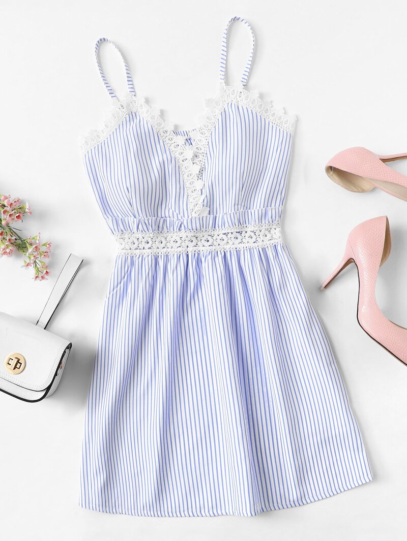 

Lace Trim Striped Cami Dress, Blue