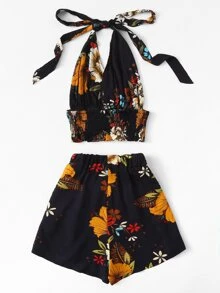 Floral Print Smocked Halter Top & Shorts Set - Multicolor - View 2