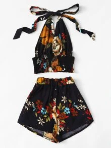 Floral Print Smocked Halter Top & Shorts Set - Multicolor - View 3
