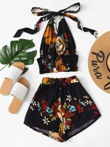 Floral Print Smocked Halter Top & Shorts Set - Multicolor - View 1
