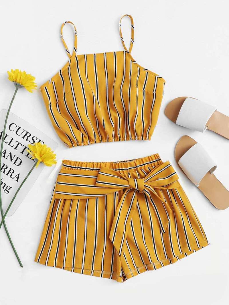 

Striped Cami Top With Knot Shorts, Yellow