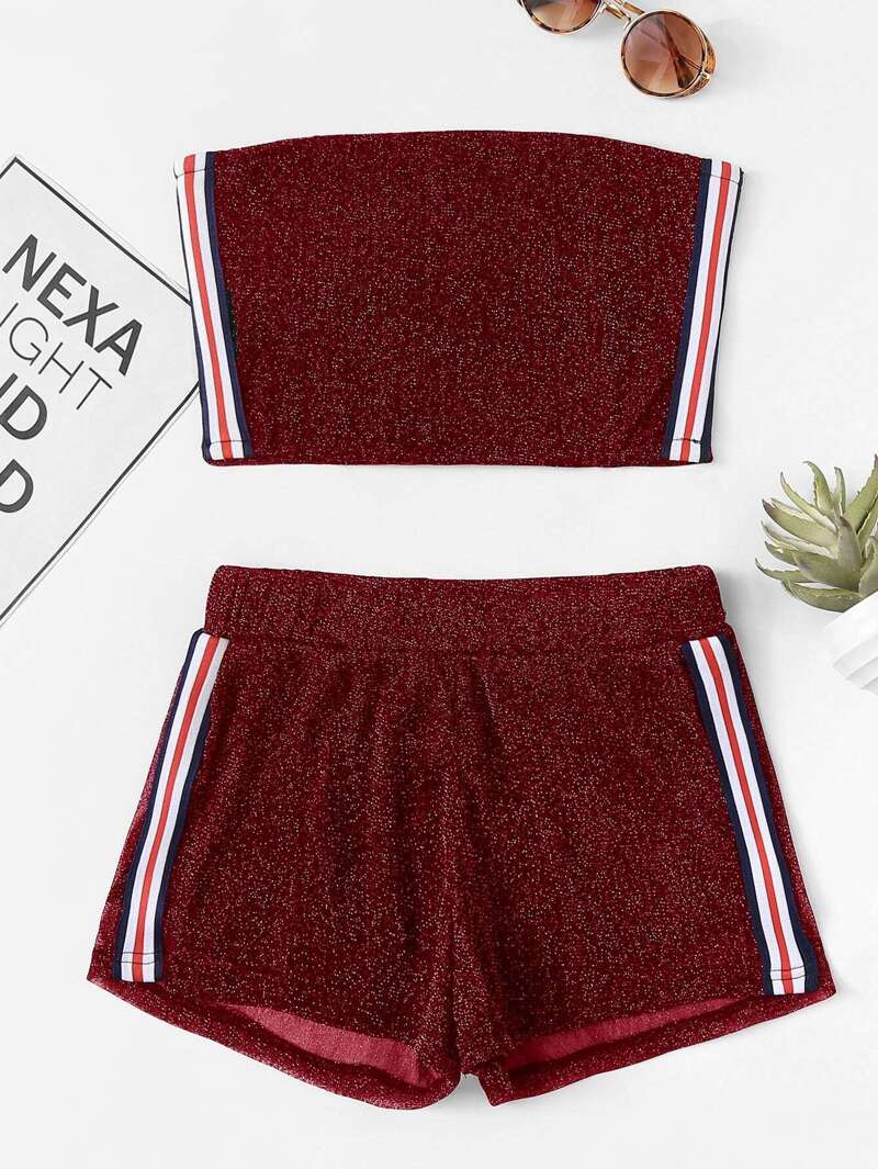 

Striped Tape Side Tube Top With Shorts, Burgundy