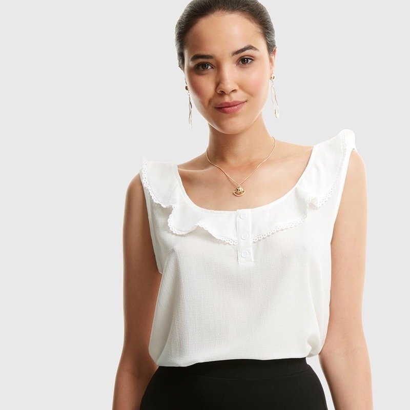 

Half Button Loop Trim Ruffle Shell Top, White
