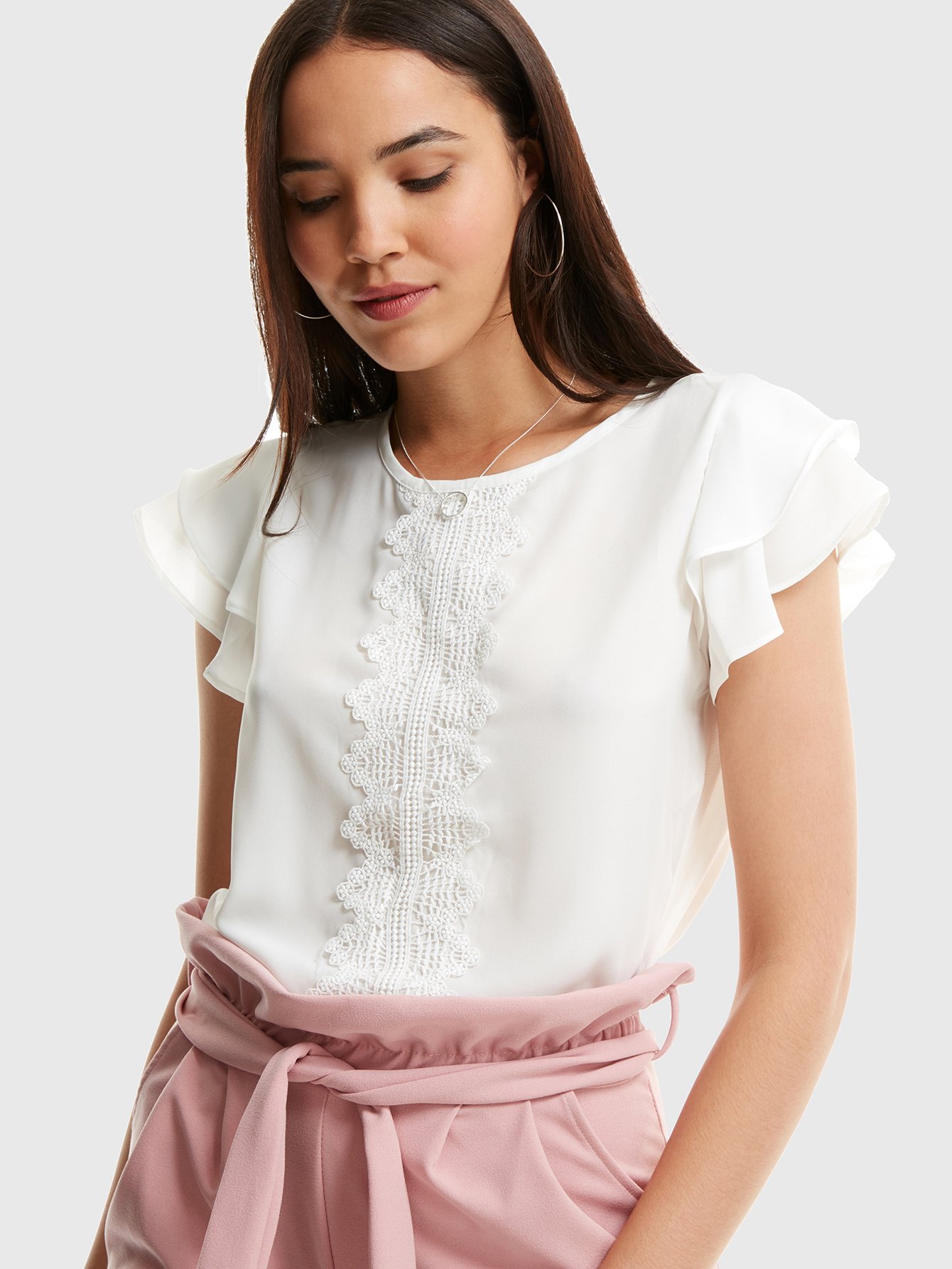 SHEIN Guipure Lace Detail Flutter Sleeve Top