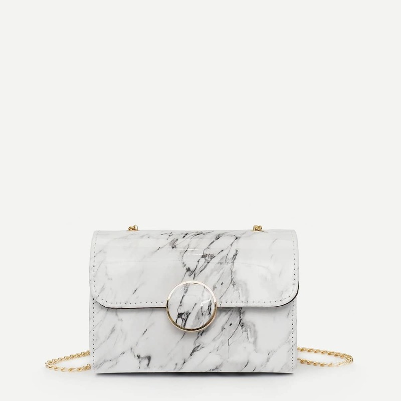 

Metal Ring Decor Marble Print Chain Bag, White