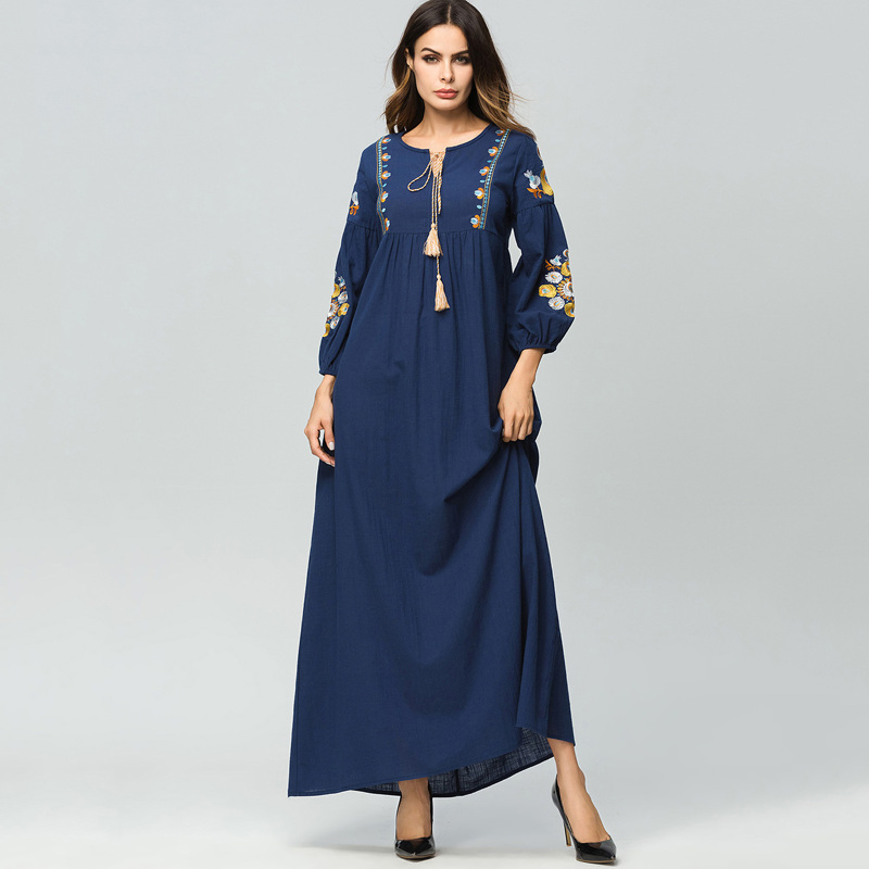 

Flower Embroidered Tie Neck Longline Dress, Navy blue
