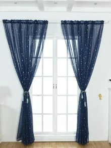 1pc Silver Embossed Star Decorative Rod Pocket Sheer Curtain, Suitable For Living Room, Bedroom And Balcony - Navy Blue - View 2