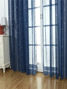 1pc Silver Embossed Star Decorative Rod Pocket Sheer Curtain, Suitable For Living Room, Bedroom And Balcony - Navy Blue - View 4