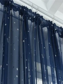 1pc Silver Embossed Star Decorative Rod Pocket Sheer Curtain, Suitable For Living Room, Bedroom And Balcony - Navy Blue - View 5