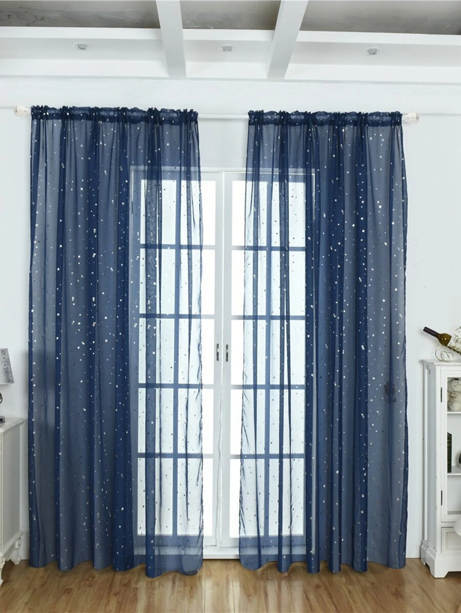 1pc Silver Embossed Star Decorative Rod Pocket Sheer Curtain, Suitable For Living Room, Bedroom And Balcony - Navy Blue - View 1