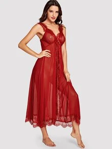 Eyelash Lace Dress With Thong - Burgundy - View 3